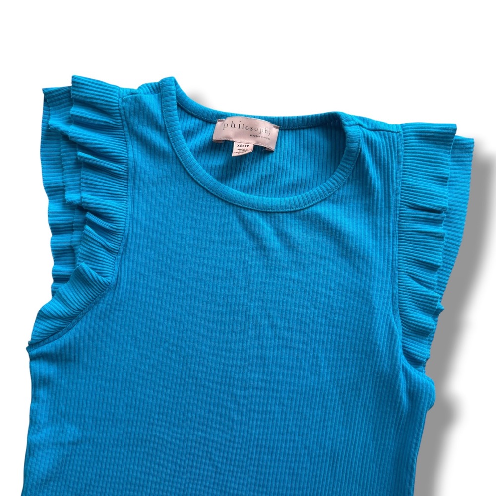Philosophy Republic Clothing Women XS Turquoise Blue Ribbed Ruffle Shoulder Tank